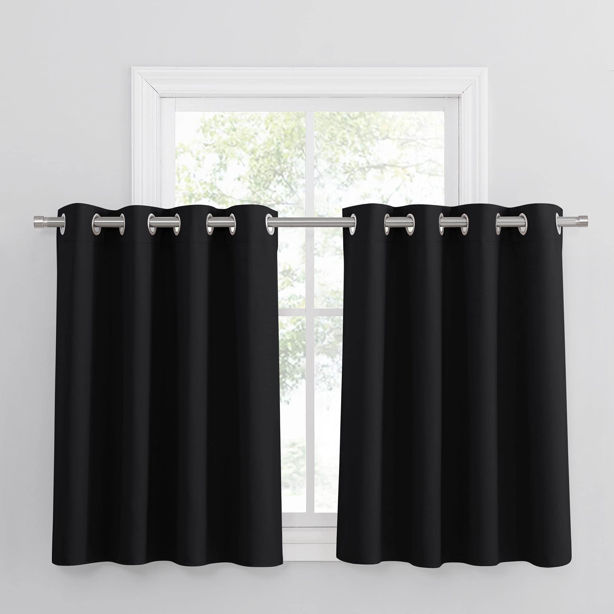 PONY DANCE Black Blackout Short Curtains with Eyelet, W 46 x L 36 Inch