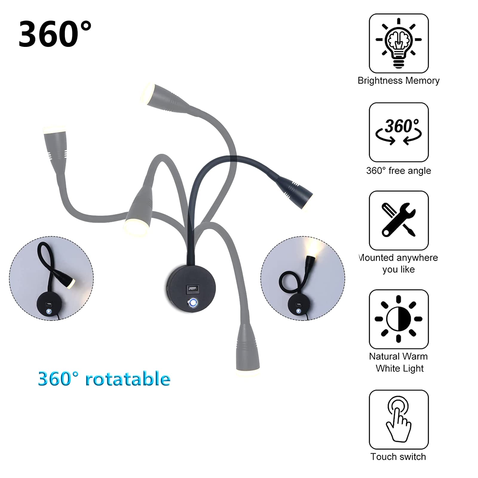 VOMI 3W LED Leselampe Bett Wandmontage Schlafzimmer Wandlampe Dimmbar mit Touch Schalter & USB Port, 2 Stück Wand-Leselampen 360° Flexible Schwanenhals Lampe Schwarz Wandspot mit USB-Stecker