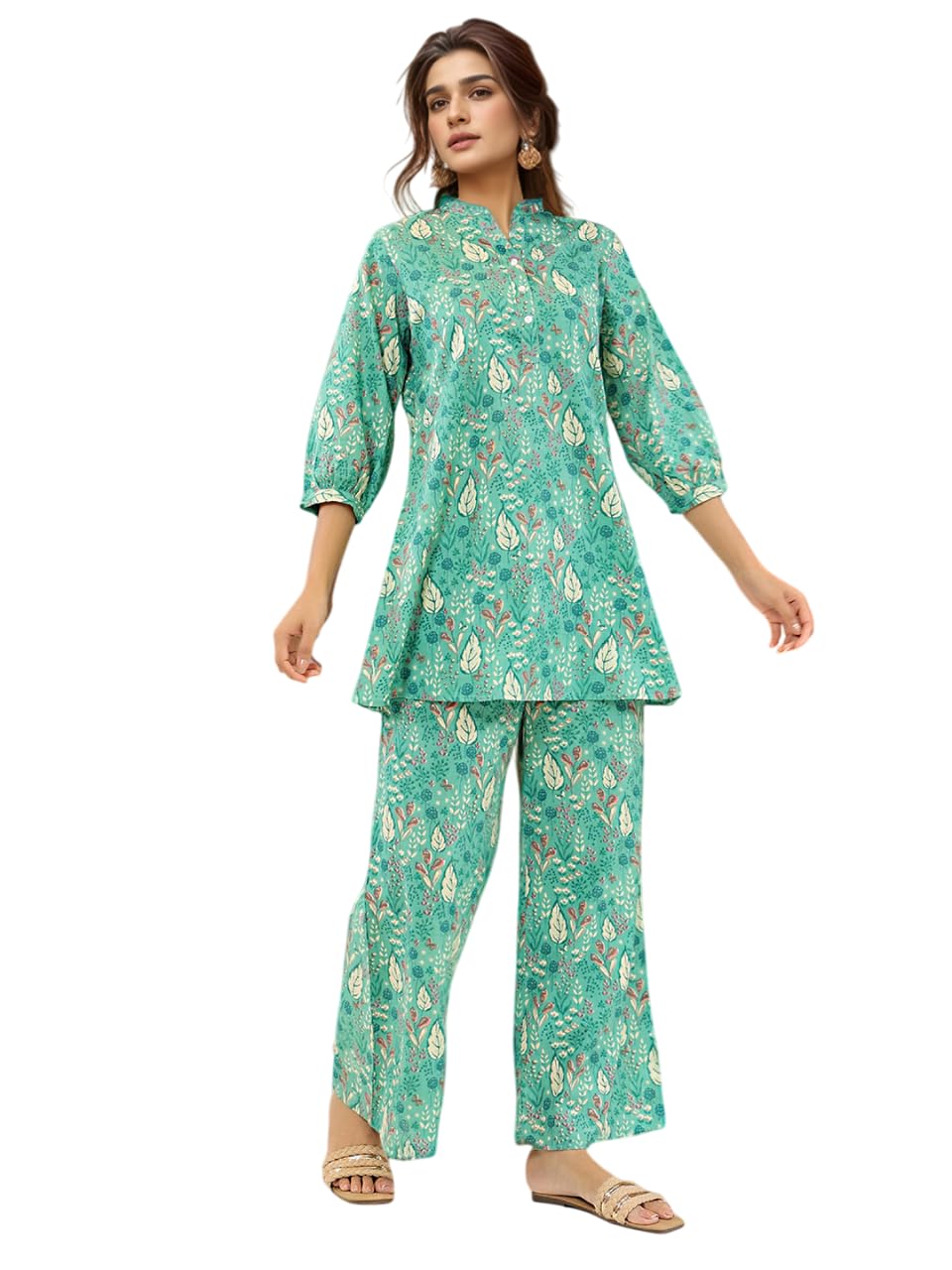 Nainvish Women's Teal Blue Printed Straight Rayon Blend V-Neck Co-Ord Set (Sd728_Kb-S_Teal Blue)