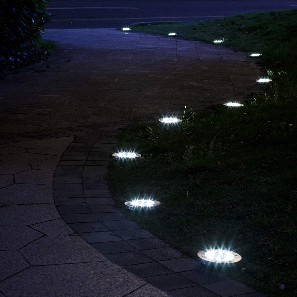 [12 piezas] Lámpara de pie solar para exteriores, 12 LED, luces solares de 800 mAh, luces de disco con panel solar mejorado, jardín, solar, faro, decoración para césped, acera