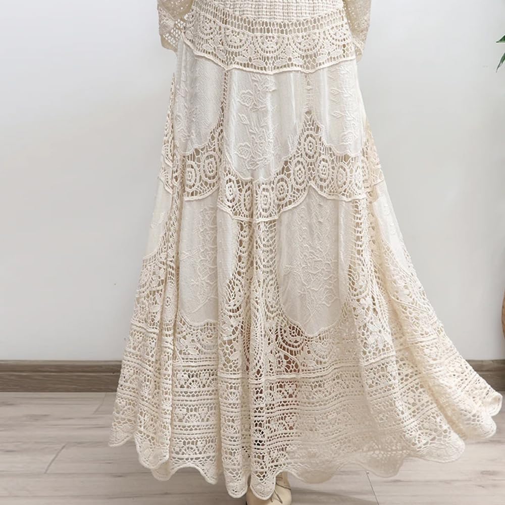 chouyatou Women's Floral Embroidered Knit Skirt Lace Crochet Eyelet Elastic Waist Flared Maxi Long Skirt - Image 7
