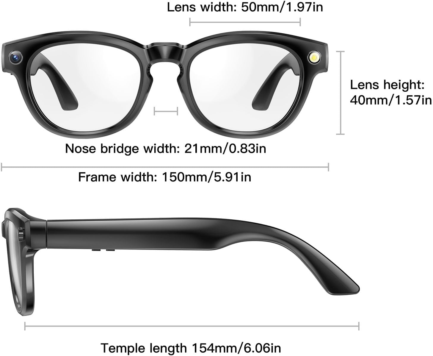 Diagram showing dimensions of SENECESLI AI Smart Glasses