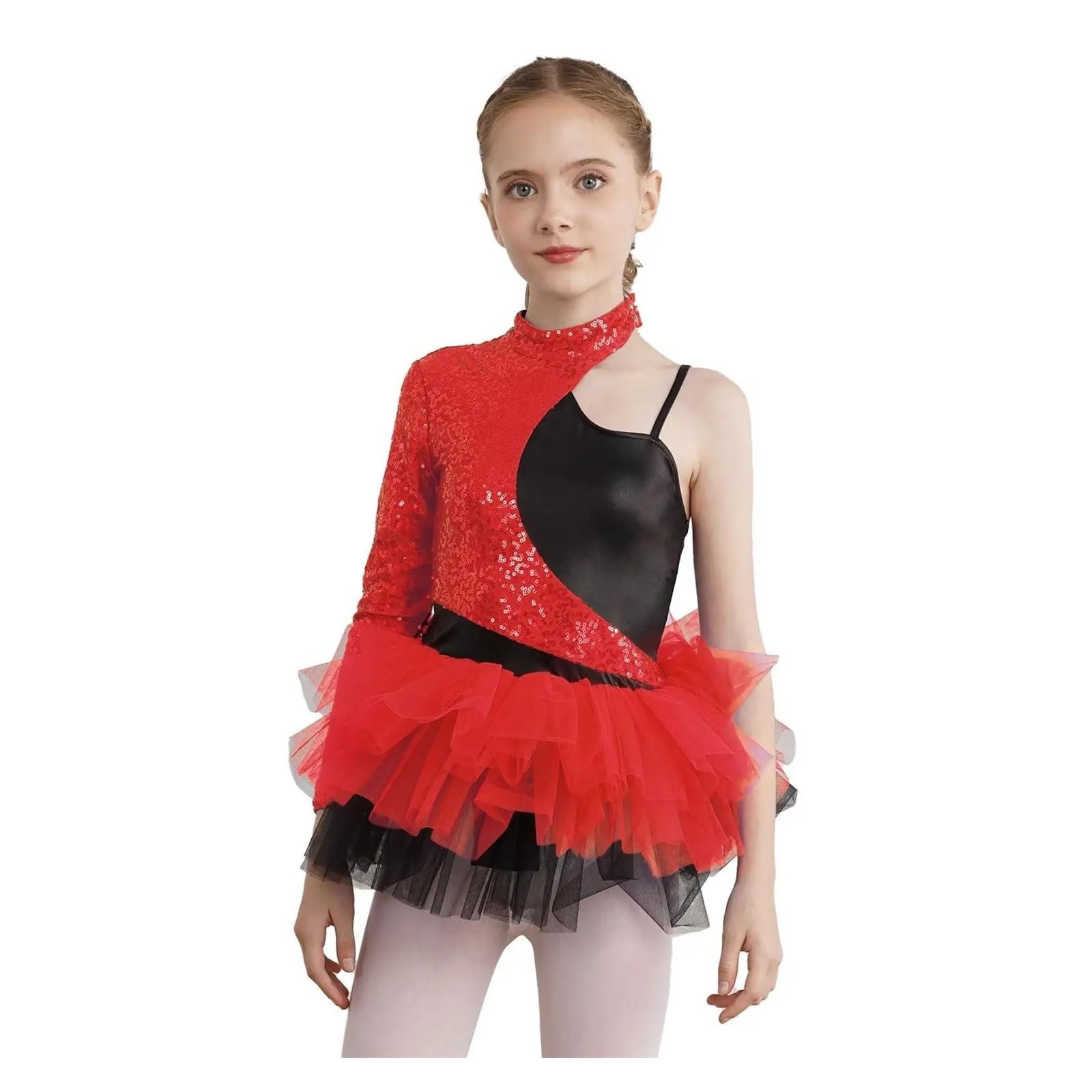 Maillot patinaje artistico Vestido de lentejuelas brillantes for niñas, falda de tul con mangas asimétricas, leotardo de gimnasia, Ropa de baile for adolescentes, trajes de baile de Jazz for niños(Blu
