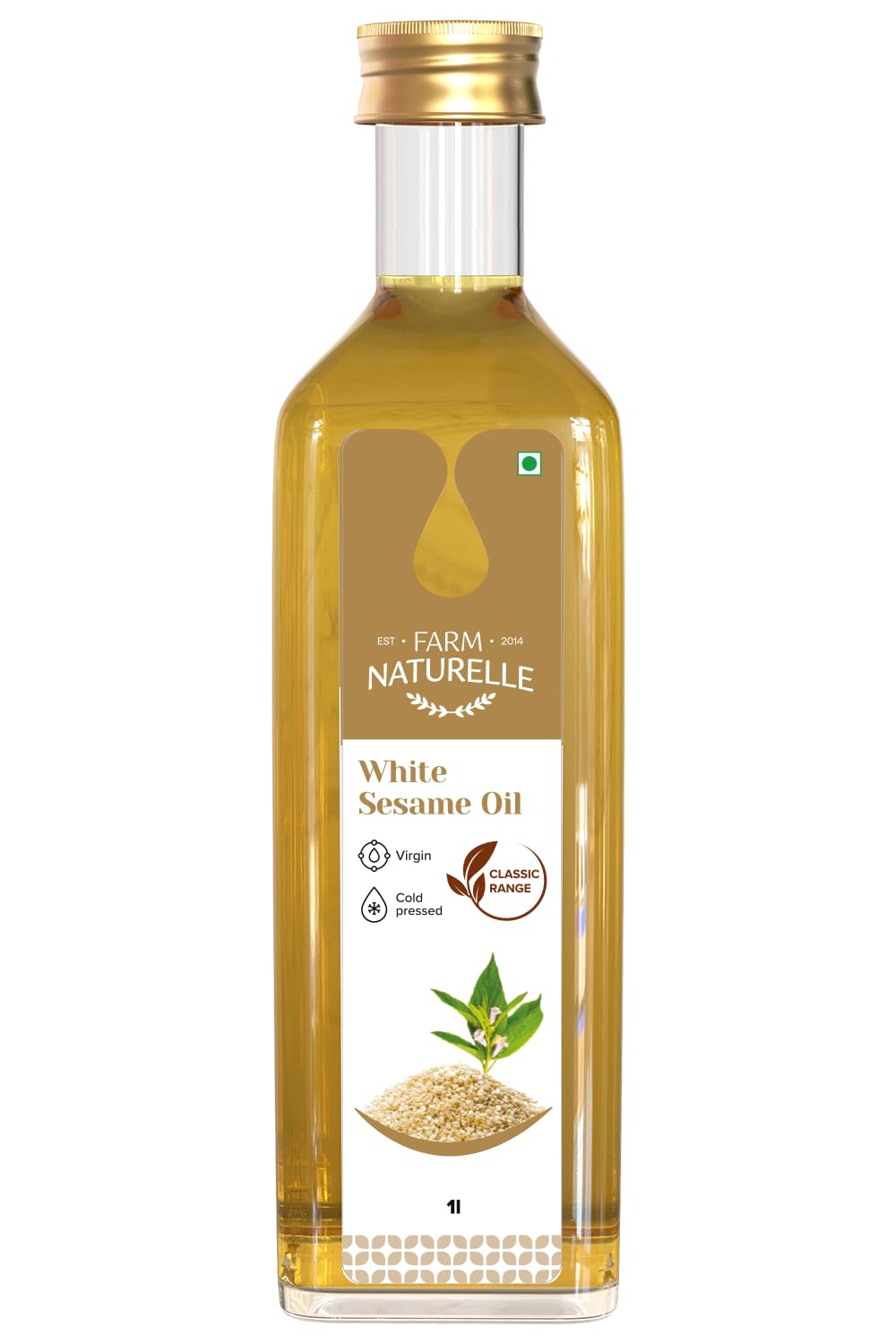 Farm Naturelle 100% Pure & Unrefined Cold Pressed White Sesame (Gingelly) Oil – 1L Glass Bottle | Kolhu/Kacchi Ghani/Chekku | Natural Daily Cooking Oil | Chemical-Free | Rich Aroma & Flavour