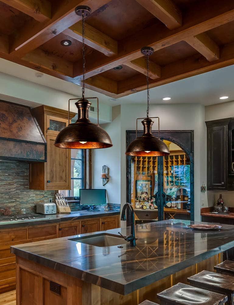 Industrial Dome Pendant Light Fixture, Farmhouse Barn Hanging Ceiling Lighting for Kitchen Island, Dining Room, Rustic Bronze Metal