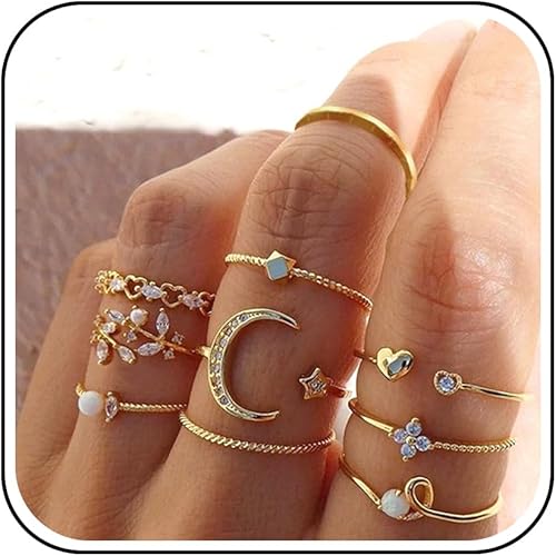 Miniatura 8 de HUASAI Anillos apilables de oro para mujer, no se deslustra, bonitos anillos para adolescentes, cosas de moda, bohemio, luna, estrella, mariposa, D: