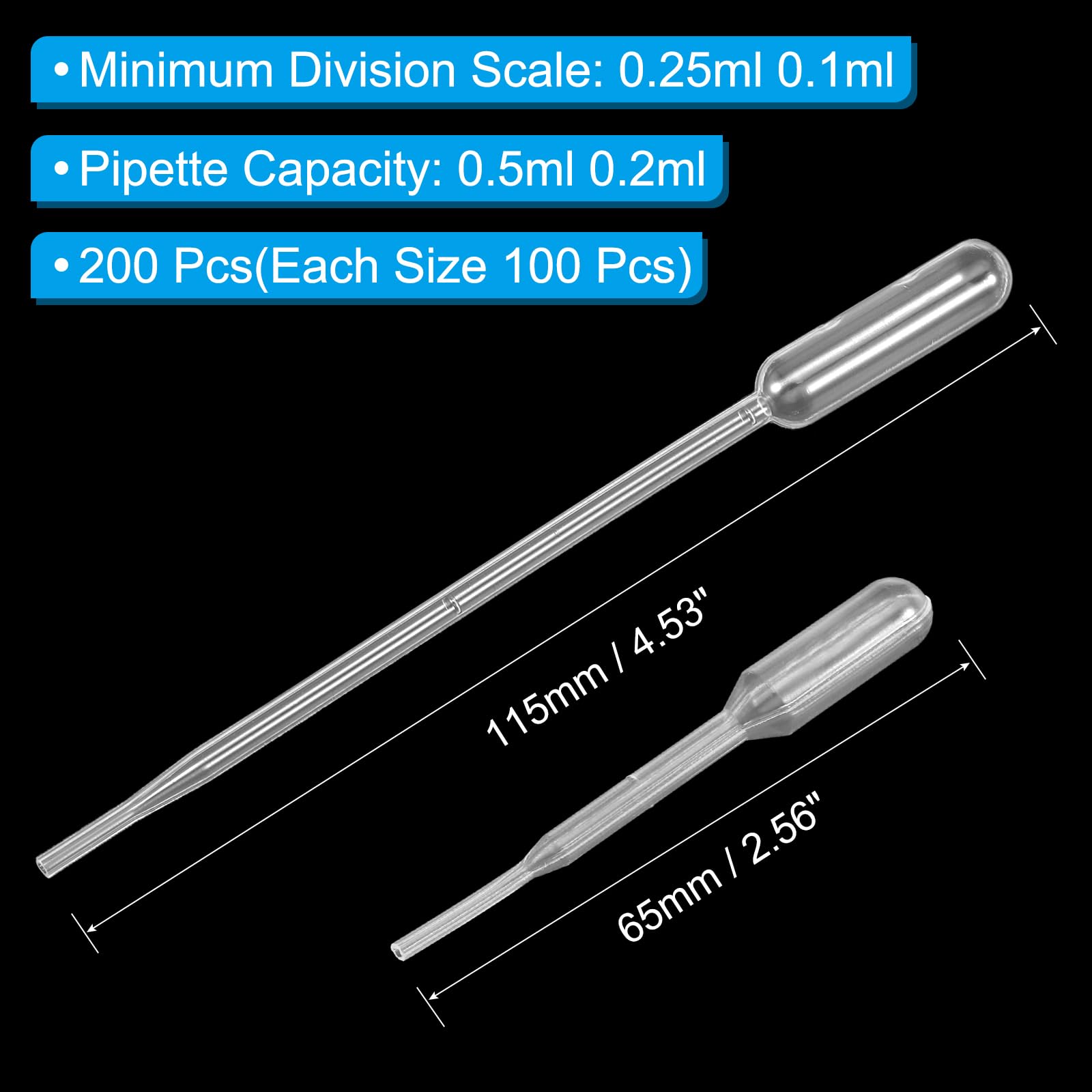 PATIKIL Transferencia Desechables Pipetas, 200uds 0,2ml 0,5ml LDPE Polietileno Plástico Pipeta para Transferencia Líquido para Laboratorio, Química, Claro
