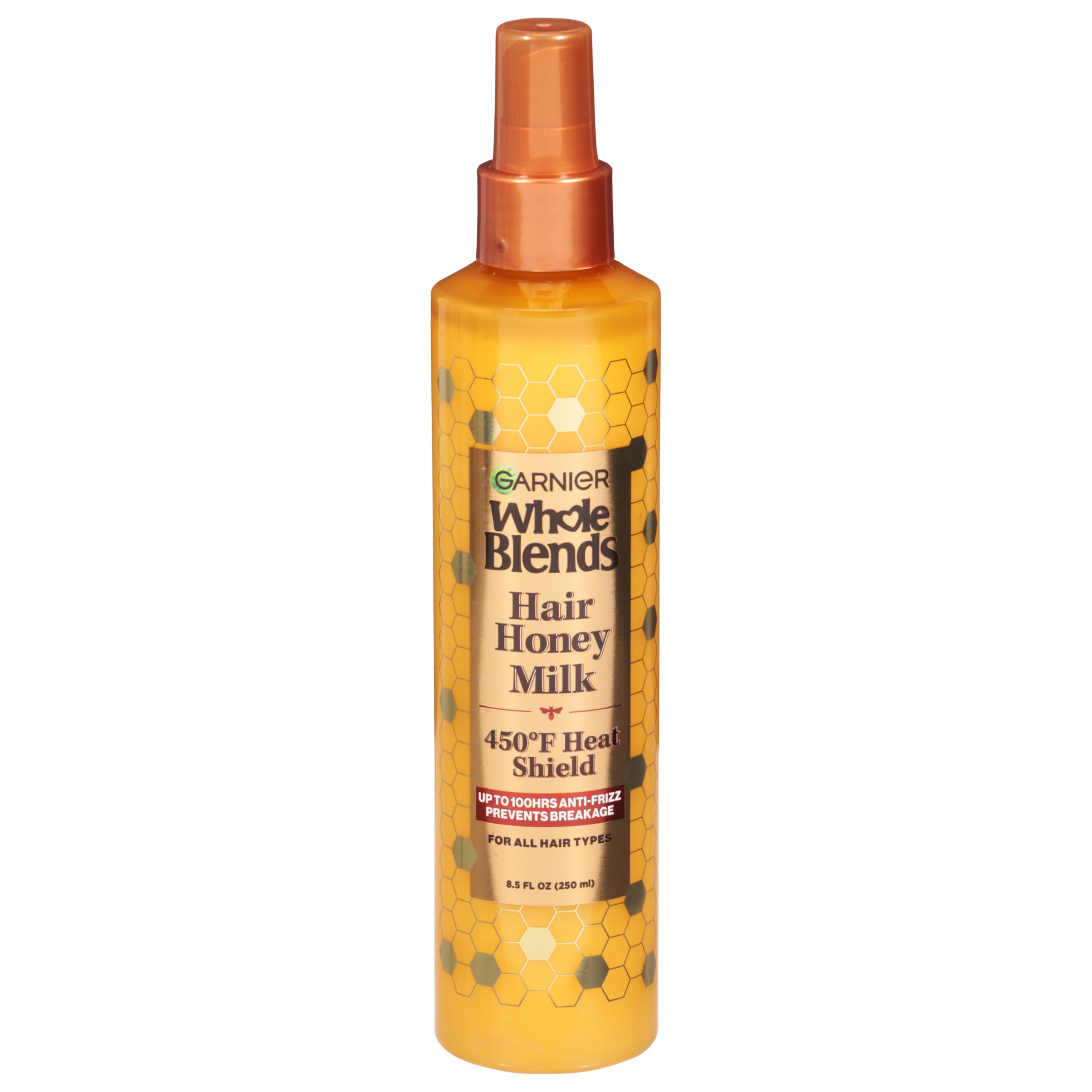 Garnier Whole Blends Hair Honey Milk 450F Heat Protectant Spray, Heat Protectant for All Hair Types With Up To 100 HRs of Frizz Control, 8.5 Fl Oz (250ml) - 1 Count