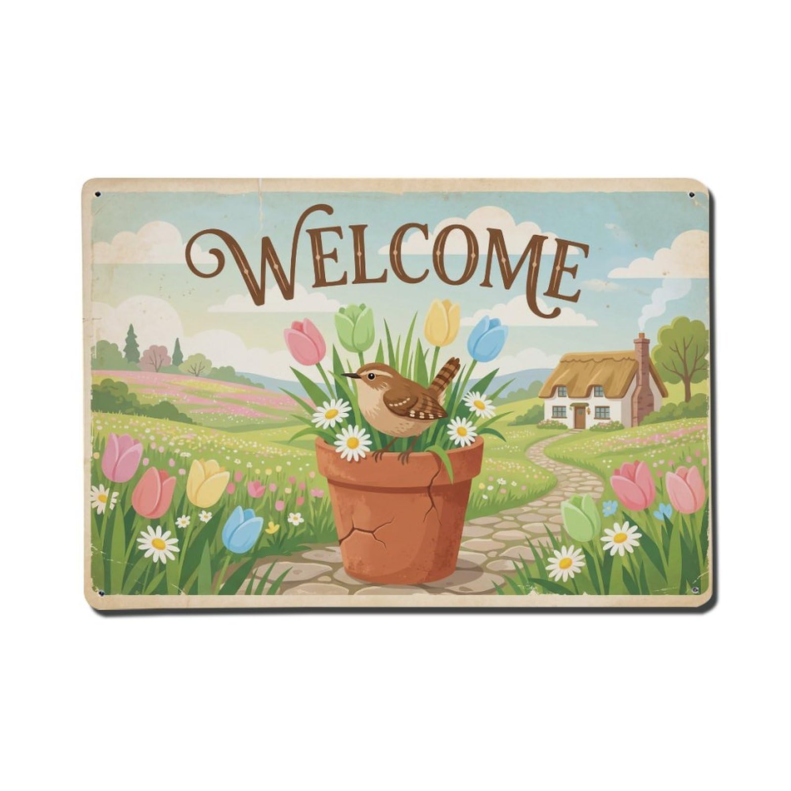 Vintage Welcome Wren Warm Wishes Metal Tin Sign