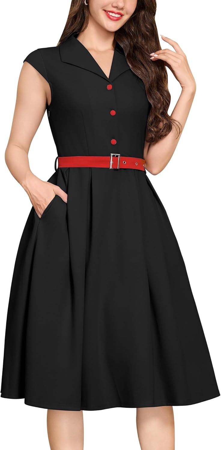 Women's 1950s Retro Dress Sleeveless Cocktail Prom Swing Midi Belt Dresses with Pockets Vintage Style