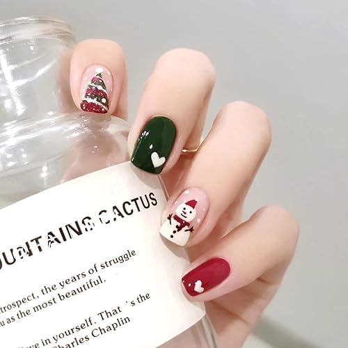 24 uñas postizas de Navidad cortas cuadradas a presión con muñeco de nieve artificial acrílico diseño de árbol de Navidad uñas postizas de cobertura