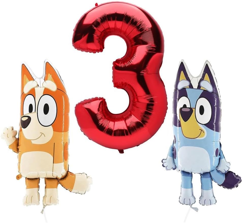Toyland Paquete de cumpleaños de globos Bluey & Bingo, 2 globos de personajes de 32 pulgadas y 1 globo de números de 40 pulgadas, decoraciones de