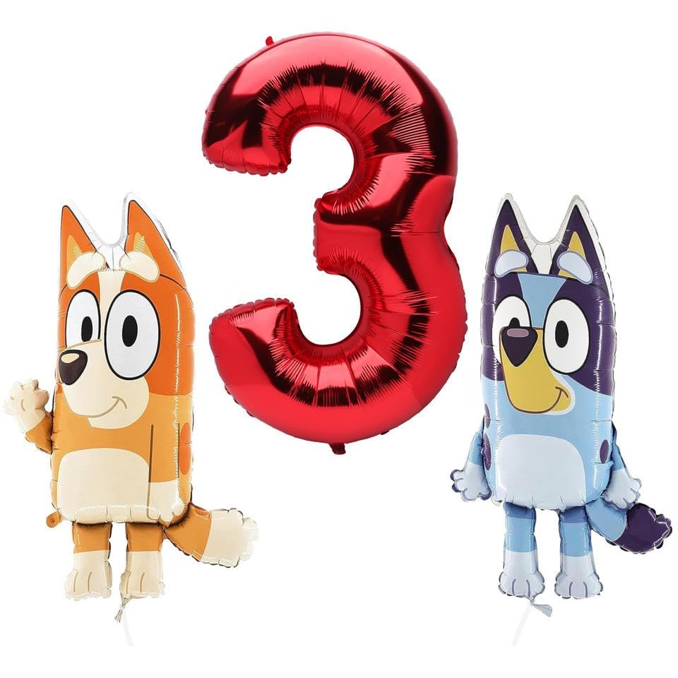Toyland® Bluey & Bingo Foil Balloon Pack - 2 x 32" Character Balloons & 1 x 40" Number Balloon - Kids Party Decorations