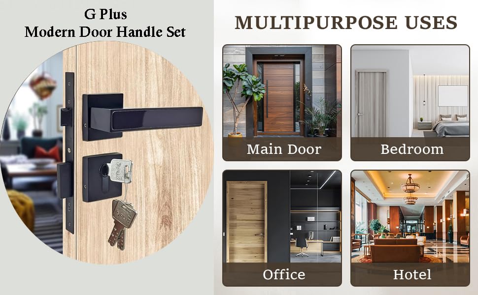 Image of G Plus Modern Door Handle Set with Square Keyhole Cover Plate,Mortise Lock with Ultra Brass 3 Keys & Brass pin Cylinder-60MM,One Side Knob & one Side Keys,(OSK) (Z Black Glossy, 60MM)