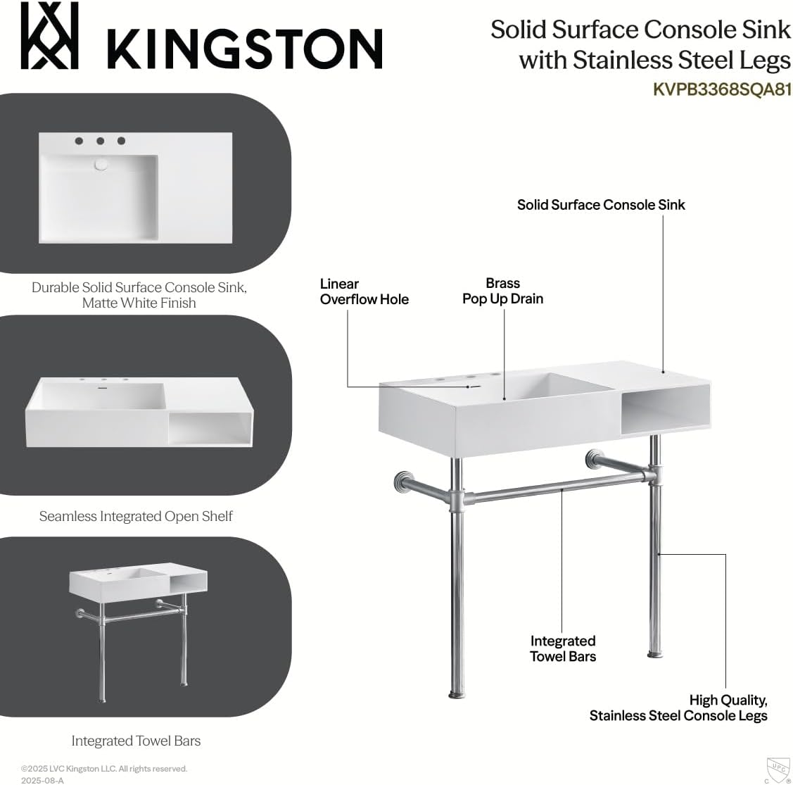 Kingston Brass KVPB3368SQA80 Aurelius 36" Solid Surface Console Sink with Stainless Steel Legs (8-Inch, 3-Hole), Matte White/Matte Black