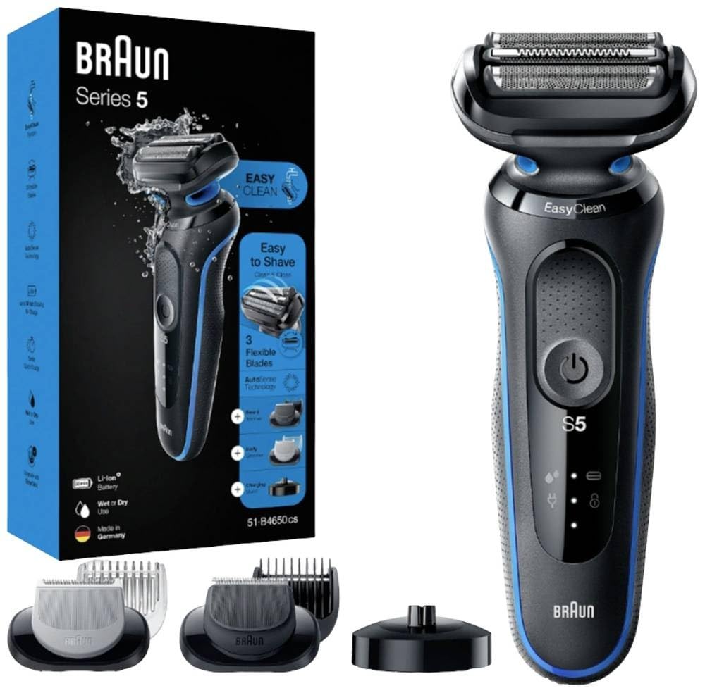 Braun Series 5 Afeitadora Eléctrica Hombre, Cortapelos, hombre, Máquina de Afeitar Barba con 2 Accessorios EasyClick, Base De Carga, 51-B4650cs, Azul