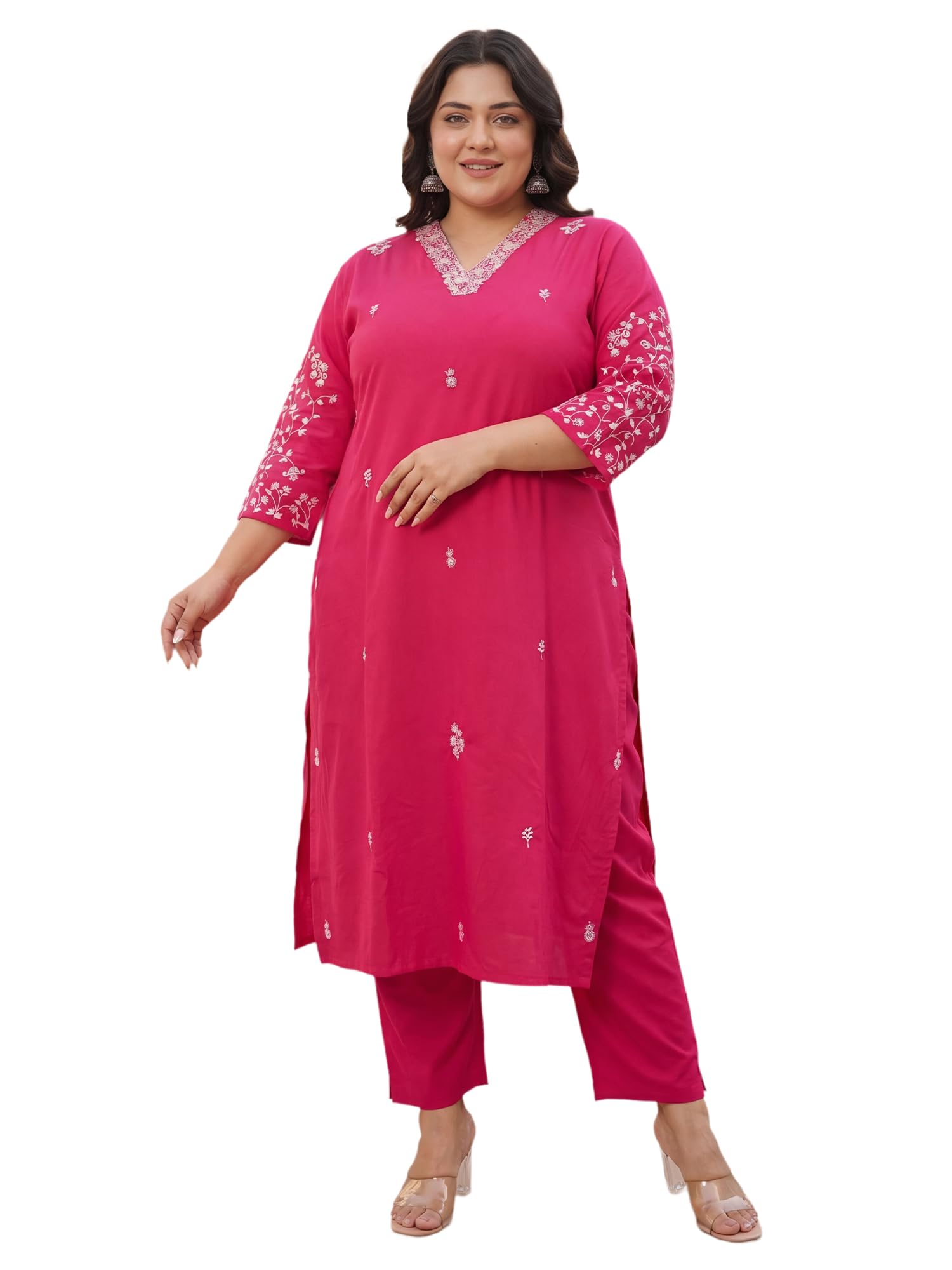 indo era Women's Pure Cotton Floral Embroidered Thread Work Plus Size Kurta & Pant Set-picture-10