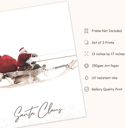 Miniatura 2 de AnyDesign 3 impresiones de arte de pared de Navidad de 13 x 17 pulgadas reno de Papá Noel con trineo decoración de póster de arte grande estético de