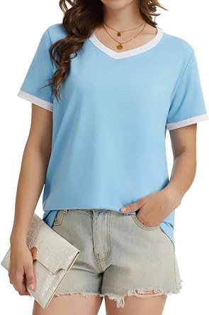 Womens Summer V Neck T Shirts Casual Short Sleeve Tops Loose Fit Basic Tee