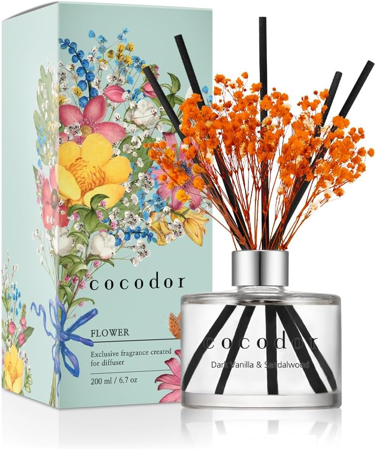 COCODOR Flower Reed Diffuser Set / 6.7oz /Scent Diffuser with Sticks Home Fragrance Reed Diffuser for Bathroom Shelf Decor (Dark Vanilla and Sandal Wood)