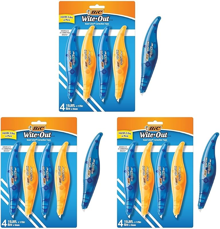 Cinta correctora BIC Wite-Out Brand Exact Liner, 19.6 pies, blanca, cinta resistente a desgarros, rápida, limpia y fácil de usar, 4 unidades (paquete de 3)