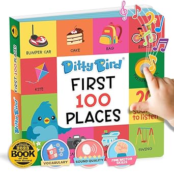 Ditty Bird Talking Books 100 Places | 100 Words for Vocabulary & Speech Learning | Sound Books for Toddlers 1-3 | Childrens Interactive Toddler Books with Great Pictures | Sturdy Baby Sound Books
