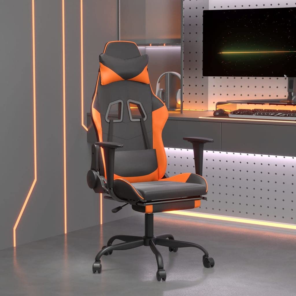 Chaise de jeu en cuir synthétique noir et orange avec massage et repose-pieds
