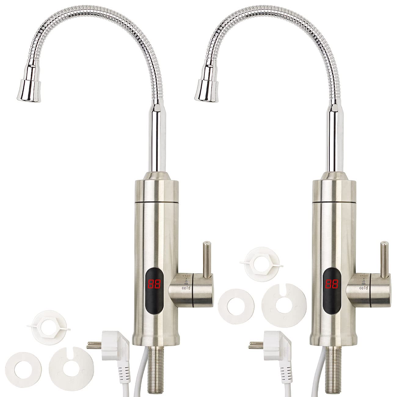Rosenstein & Söhne Durchlauferhitzer Küche: 2er-Set 2in1-Edelstahl-Armatur & Durchlauferhitzer, Display, für 1/2" (Wasserhahn Küche, Mischbatterie, 230V)