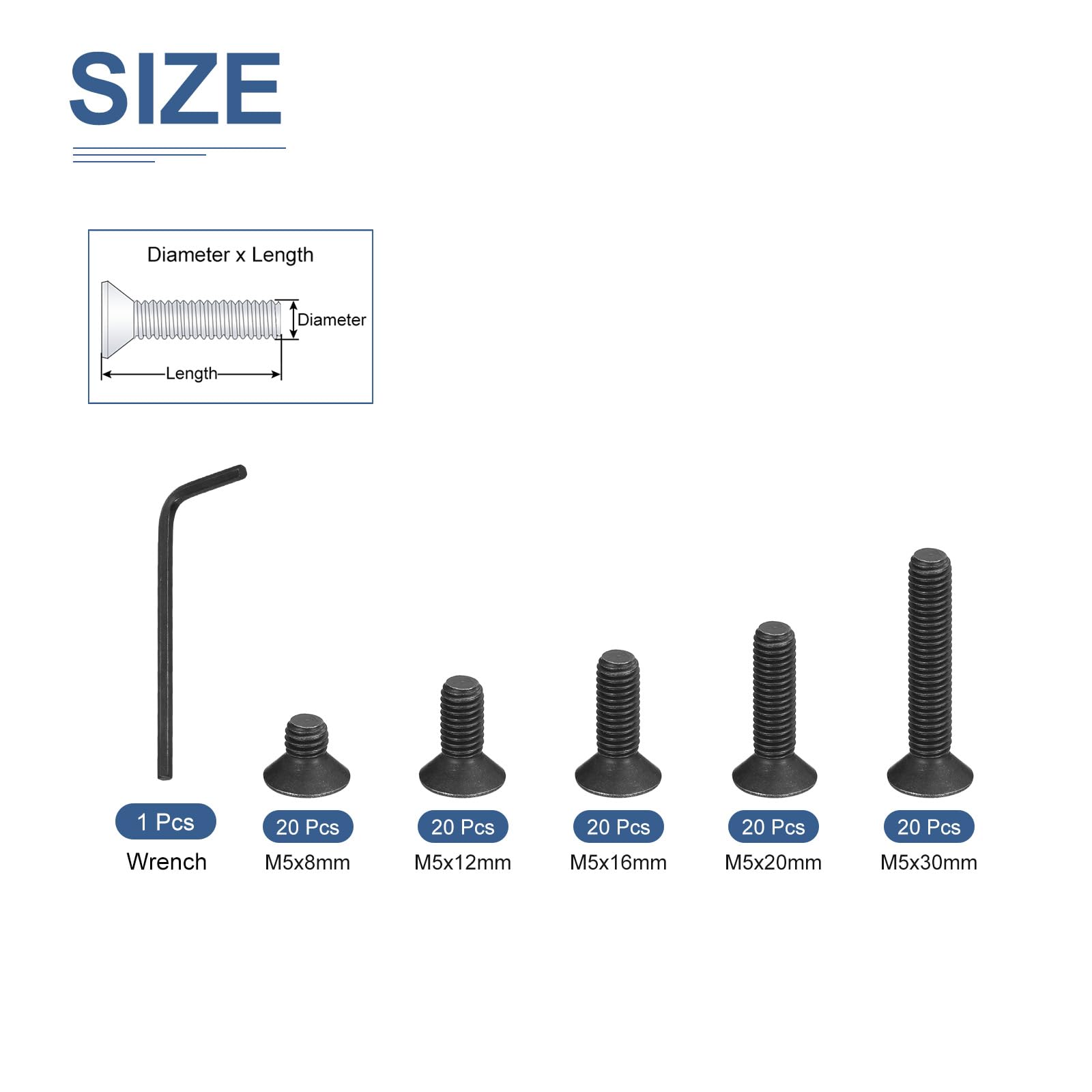DTGN 100Pcs M5 x 8mm /12mm /16mm /20mm /30mm Flat Head Hex Socket Cap Screws Bolts Kit with Wrench, Carbon Steel Black Oxide - Image 2