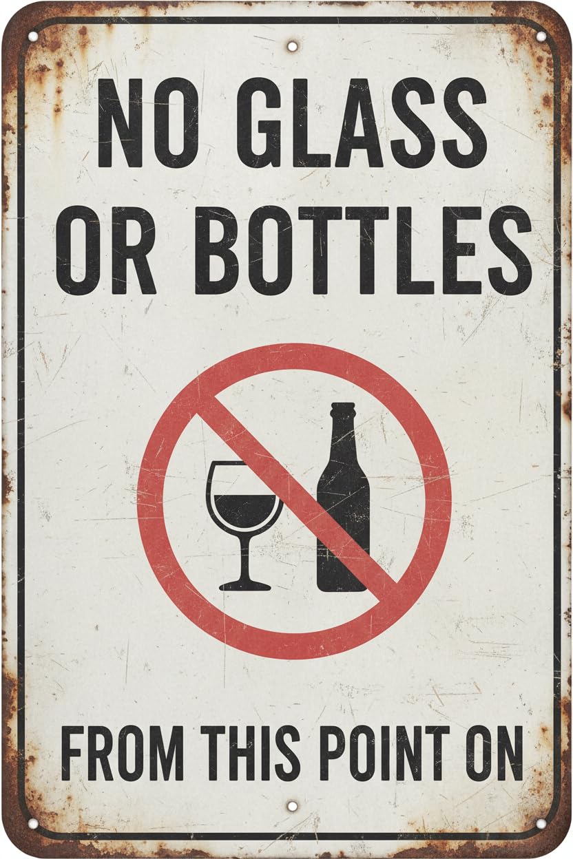 Metal Sign No Glass Or Bottles From This Point On Safety Restriction Alert Caution Warning Decoration Iron Painting 8x12 Inches Vintage Signs Aluminum Plates Printed