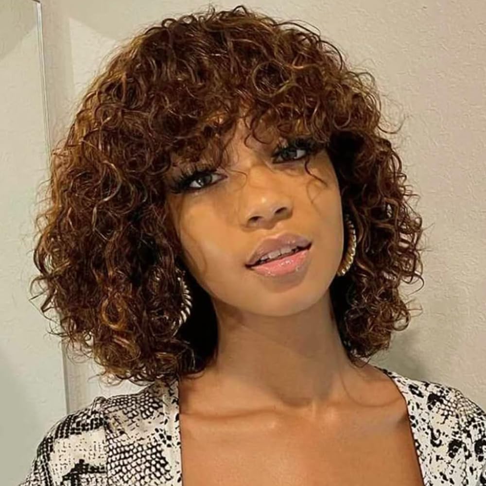 Spotlight Short Kinky Curly Wigs 10 inch Bob Loose Wave Human Hair Wigs for Women Brazilian Virgin Human Hair Wigs with Bangs 180% Density Natural Looking (Ombre Brown