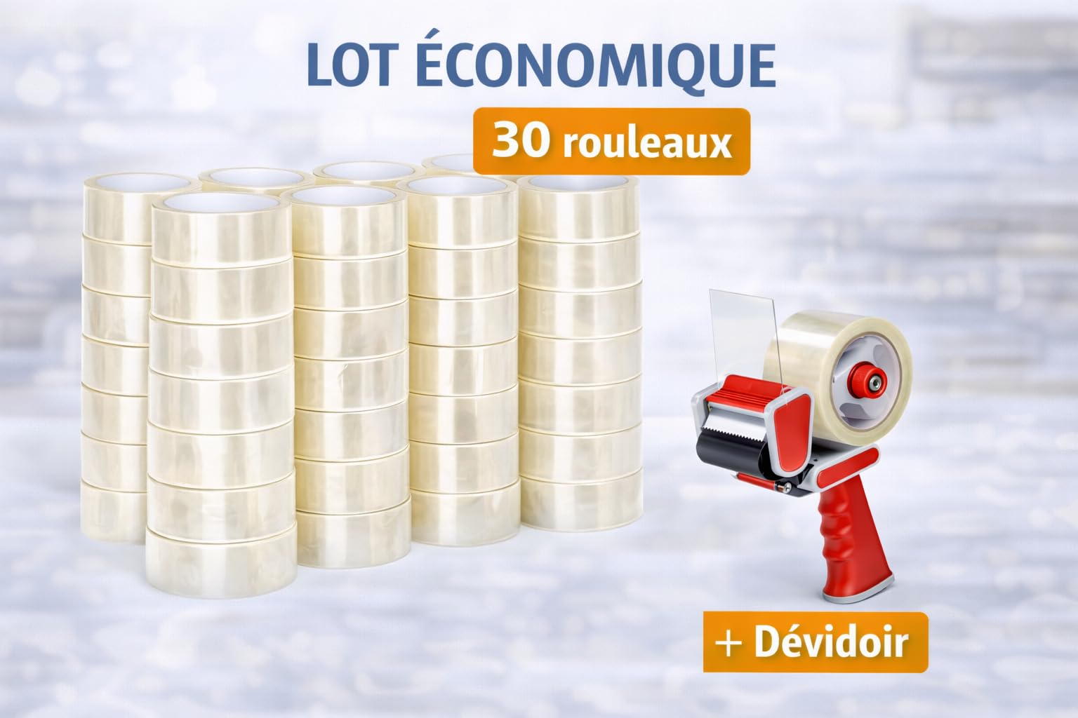 Ruban Adhésif Emballage Transparent 50 mm x 66 m – Lot de 30 Rouleaux + Dévidoir Offert – Adhésif Polypropylène 42 microns – Ruban Adhésif pour Cartons, Déménagement, Colis, Stockage et Expédition