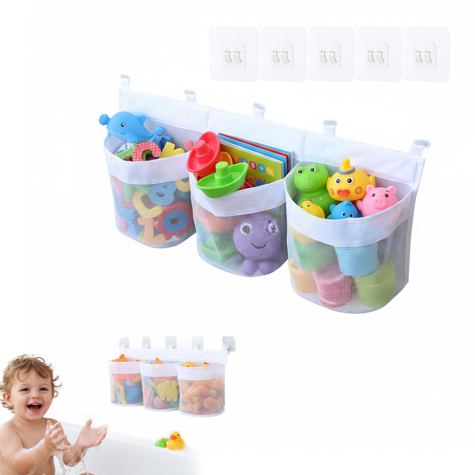 Bath Toy Storage - Large Hanging Mesh Net with 3 Compartments, Quick Dry Bag with Self Adhesive Hooks