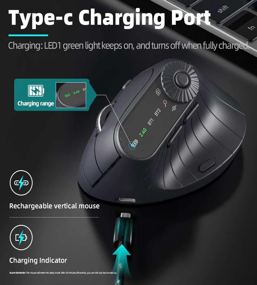 JOMAA Wireless 2.4G & Dual Bluetooth tre canali mouse verticale ergonomico DPI regolabile, giradischi multifunzione per PC, laptop, MacBook, ricaricabile (nero)