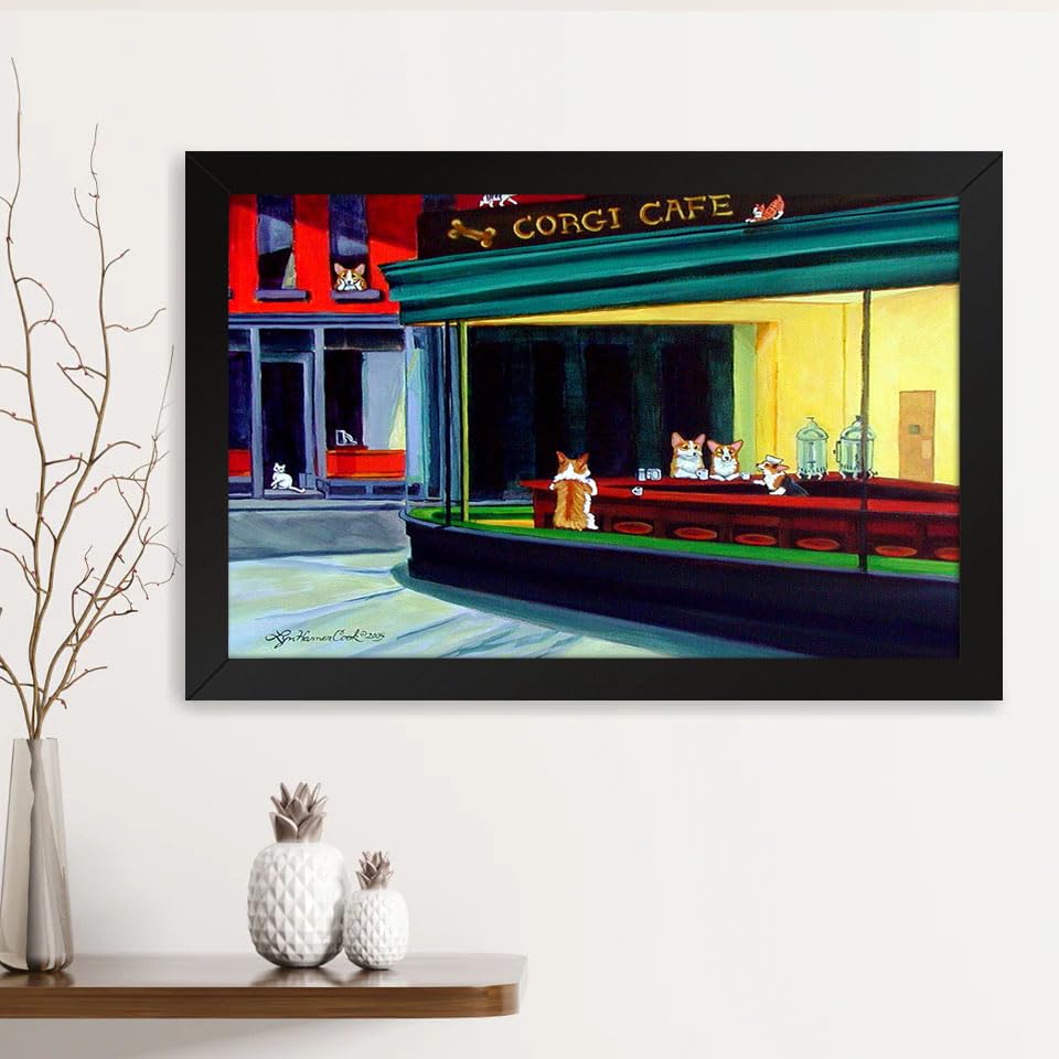 GADGETS WRAP Printed Photo Frame Matte Painting for Home Office Studio Living Room Decoration (14x11inch Black Framed) - Corgi Cafe After Hopper