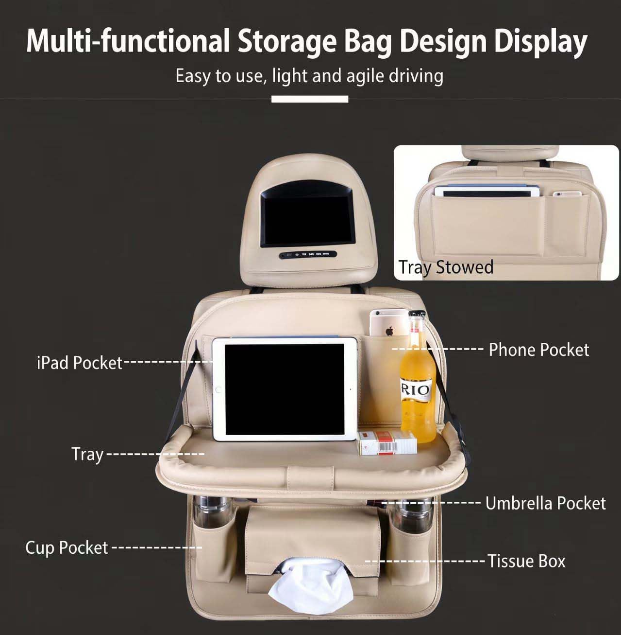 Organisateur de siège arrière en cuir PU de qualité supérieure avec table pliable, poches de rangement multiples et sangle à boucle réglable - Beige