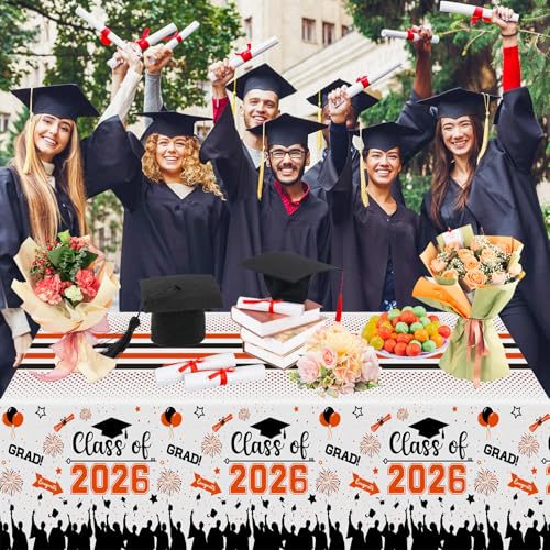 Image of Graduation Decorations Class of 2026 Tablecloth - 3 Pcs Plastic Congrats Grad Table Cloth, Graduation Table Cover for Graduations Party Decorations 2026 and Party Supplies, 54 inchx108 inch (Orange and Black)