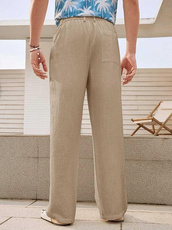 Image of GRECIILOOKS Men's Linen Trousers | Loose Fit Linen-Cotton Casual Pants for Men | Relaxed Office Wear Formal Trousers for Men | Stylish Beige & Pants