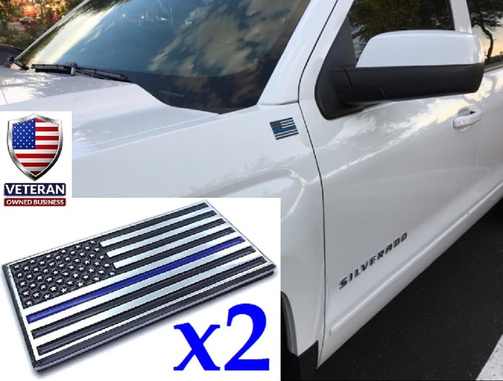 Muzzys-Set of Two-Aluminum Thin Blue LINE American Flag Decal Emblem Sticker Badge 3.2"x1.75" United States Back The Blue Universal StickOn Car Truck Bumper Window Glass USA