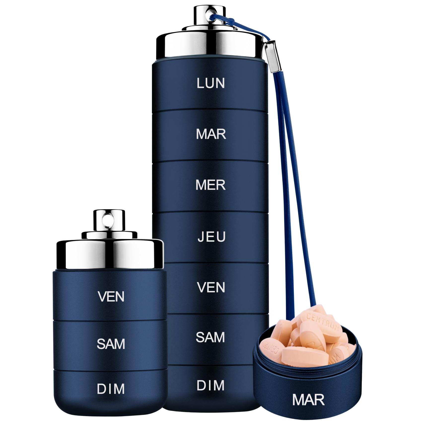 Pilulier Semainier 7 Jours Métal Voyage Pilulier Organisateur, Boîte à Pilules de Voyage étanche et Empilable pour Vitamines, Huile de Poisson, Suppléments