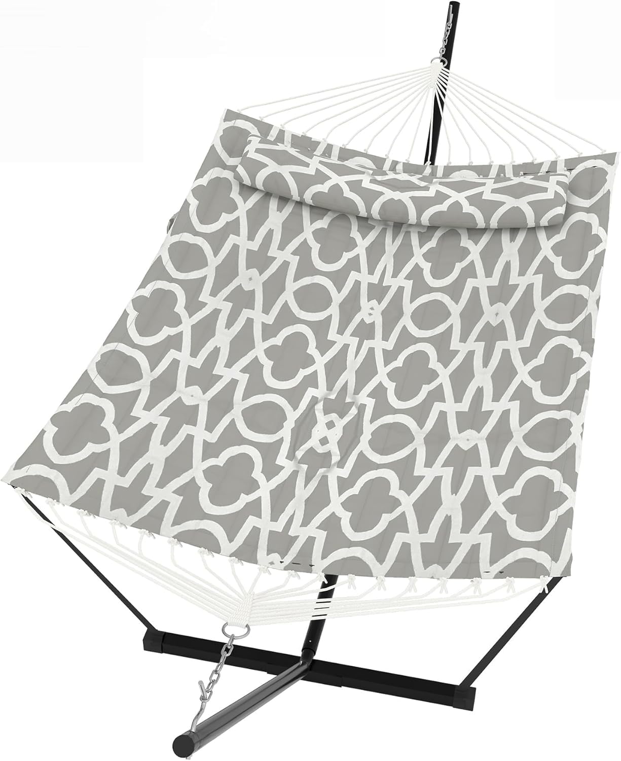 GarveeMore Heavy Duty Double Hammock with Stand & Pillow – 2 Person, 450 lbs Capacity, Freestanding Outdoor Patio Furniture, Balance Rope, Ideal for Backyard, Poolside – Light Gray Design