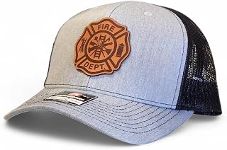 Fire Department Hat, Firefighter Trucker Hat for Men & Women, Real Leather Patch Hat, Adjustable Mesh Snapback Baseball Cap Multi