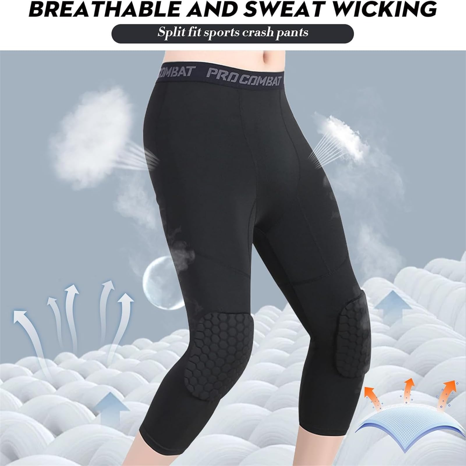 HULG Pantalon Rembourré avec Genouillères 3/4 Capri Pantalon De Compression pour Basketball Football Baseball Tailles Jeunes Et Adultes