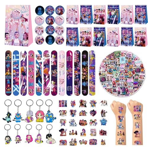 Sinmaklin 124 Pcs Party Bag Fillers Bulk Kids Birthday Gift Set - 12 Bags 25 Tattoos 10 Keyrings 65 Stickers 12 Snap Bracelets