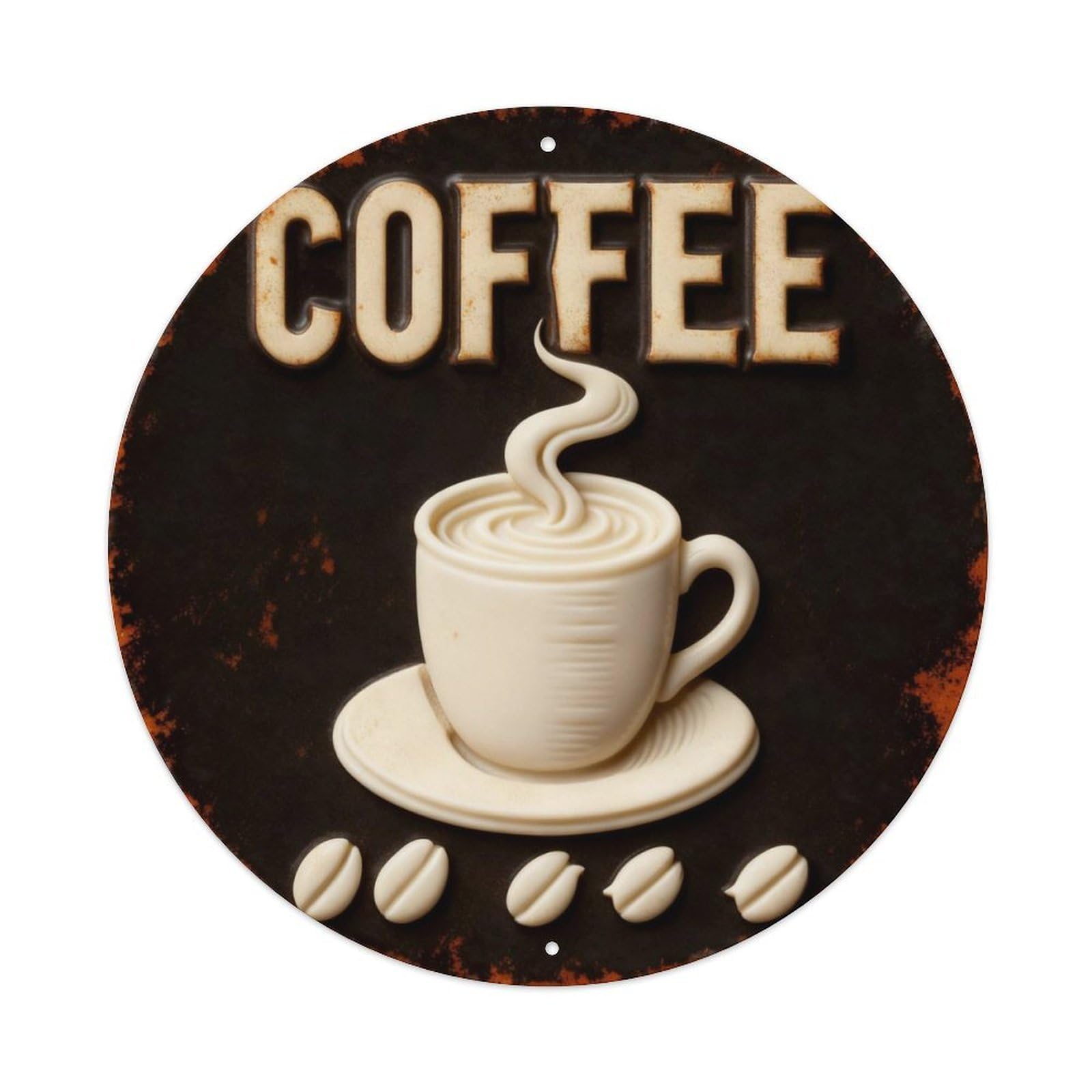 Coffee Cup Steam Beans Pattern Round Metal Tin Sign Vintage Wall Decor, Bar Garage Cafe Kitchen Home Wall Art Poster 8x8inches