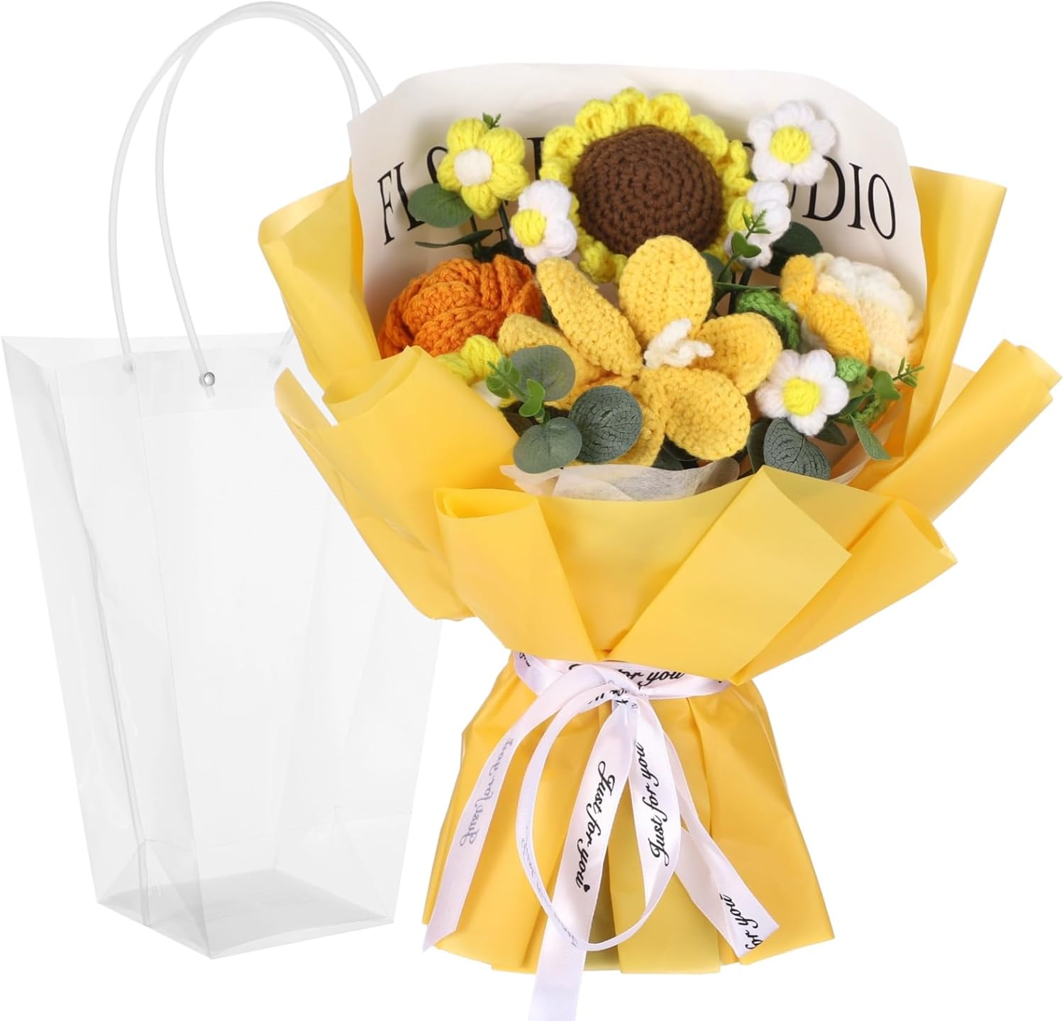 Crochet Flower Bouquet, Handmade Yellow Lily Sunflower Rose, Faux Yarn Floral Arrangement, Soft Cotton Artificial Flowers Home Decor, Present for Birthday, Wedding, Mother's Day