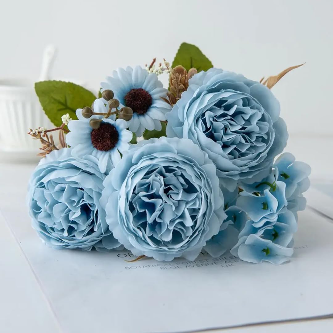 Pivoine artificielle haut de gamme en soie bleue pour décoration de maison et festival