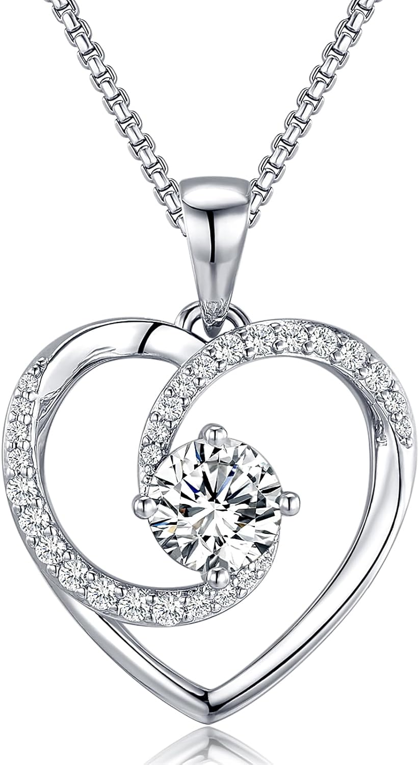 Moissanite Heart Pendant Necklace For Women 18K White Gold Plated Hypoallergenic 925 Sterling Silver Chain VVS1 Clarity Diamond Sparkle & Shine Jewelry Gifts With Sentimental Gift Box
