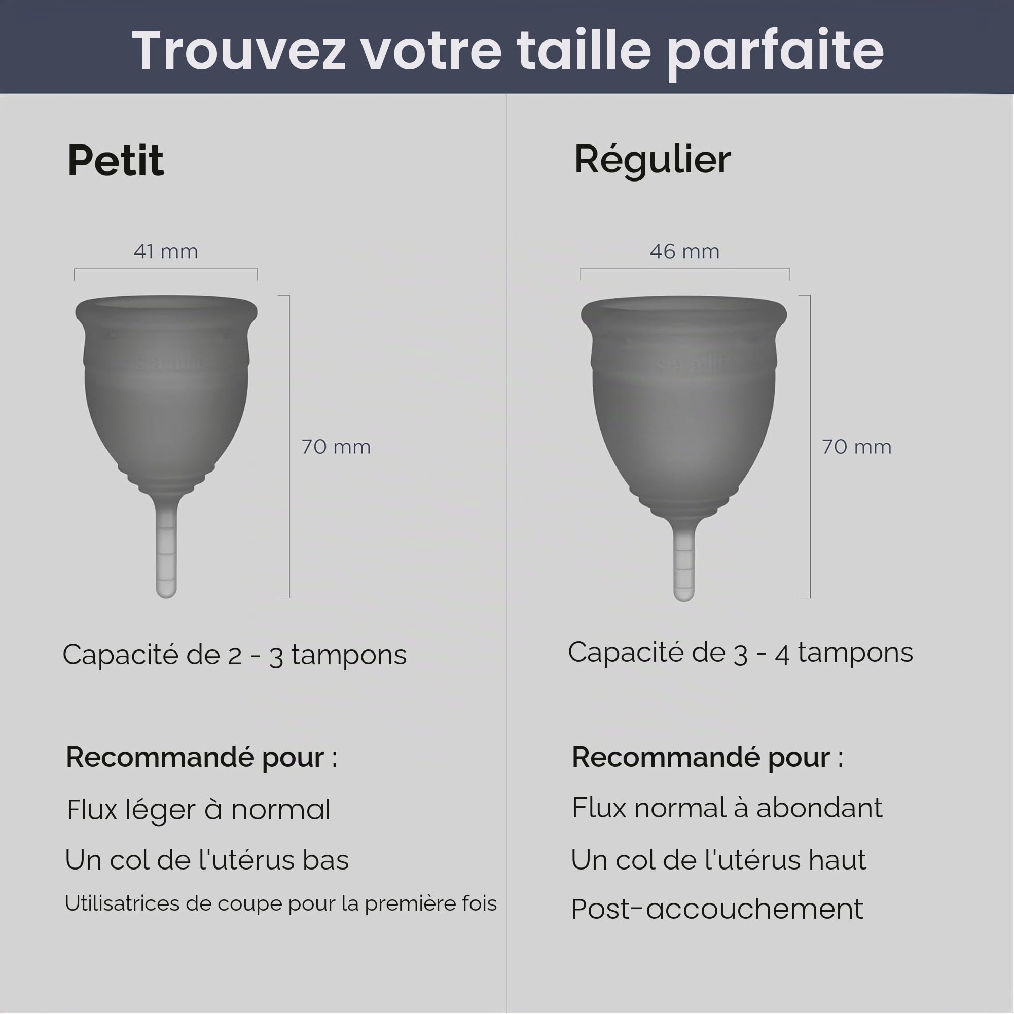Saalt Soft Menstrual Cup – Coupe menstruelle réutilisable – Protection anti-fuites jusqu'à 12 heures – Sans BPA ni latex – Inclut une coupe et un sac de transport - taille Petit, Gris