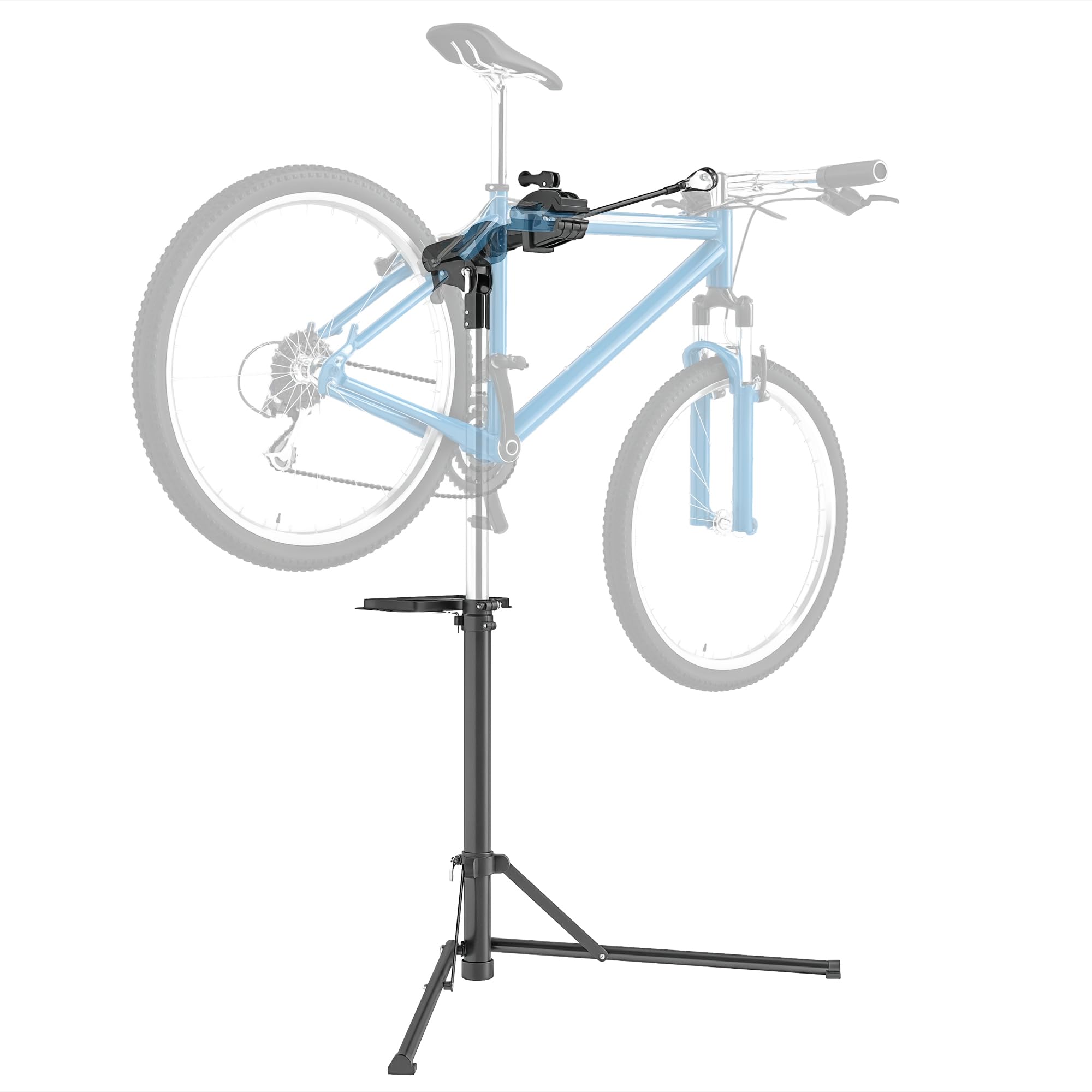 HOMCOM Soporte Tallar Bicicleta de Aluminio, Caballete para Bicicleta Plegable con Bandeja Magnética, Altura Ajustable 107-160 cm y Giratoria 360°, Caballete de Reparación de Bici Carga 40 kg, Negro